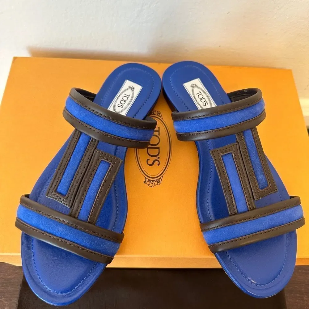 Tods Women’s open toe, slip-on leather blue stylish sandals size 7, NIB